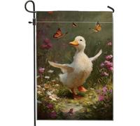 Bandiera da giardino primaverile estiva, bandiera bianca con anatra e farfalla floreale per esterni, bandiera da cortile in iuta su entrambi i lati, graziosa decorazione per prato 30,5 x 45,7 cm