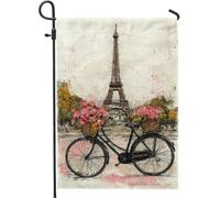Bandiera da giardino primaverile estiva con bicicletta, bandiera decorativa floreale di pesca a Parigi, bandiera su entrambi i lati in iuta da cortile decorazione per prato esterno 30,5 x 45,7 cm
