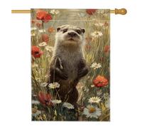 Bandiera da giardino primaverile estiva con fiori di campo, adorabile lontra in papavero margherita prato stile rustico, striscione su entrambi i lati per esterni, decorazione per cortile, feste