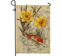 Bandiera da giardino primaverile estiva con pesci carpa e narcisi, bandiera decorativa per esterni con fiori gialli, bandiera da cortile in iuta su entrambi i lati per la decorazione del prato