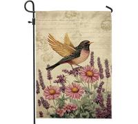 Bandiera da giardino primaverile estiva con uccelli e fiori, fiori di lavanda e pesca con uccello in volo, striscione decorativo per la casa, bandiera da giardino in iuta su entrambi i lati