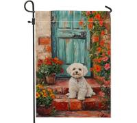 Bandiera da giardino primaverile estiva, simpatico cane bianco con fiori e porta blu, decorazione per esterni, striscione da giardino in iuta su entrambi i lati per la decorazione della casa, 30,5 x