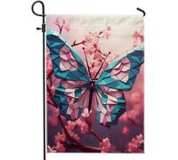 Bandiera da giardino primaverile Farfalla Artistico Moderno Floreale Albero Ramo Bella Pianta Rosa Blu Lino segno Decorazione per la casa Decorazione da parete Esterno Giardino Interno Casa Premium