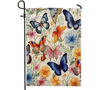 Bandiera da giardino primaverile Farfalla Bellissimo Fiore Botanico Foglie Estetiche Cottage Blu Giallo Rosa Lino Cartello Decorazione per la Casa Esterno Patio Giardino Interno Casa Premium