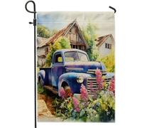 Bandiera da giardino primaverile fattoria camion in legno floreale botanico rustico cottage verde blu lino pannello decorazione casa decorazione della parete esterna patio giardino interno casa di