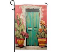 Bandiera da giardino primaverile fattoria, pittura di cactus floreale, cottage, porta in vaso, pannello in lino rosa verde, decorazione per la casa, decorazione da parete, esterno, terrazza, giardino