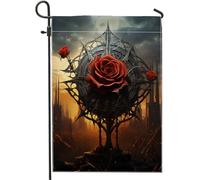 Bandiera da giardino primaverile fiore rosa stile scuro città tramonto ramo albero bellissimo pannello rosso arancio decorazione casa decorazione parete esterna patio giardino interno Premium