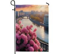 Bandiera da giardino primaverile Fiume Natura Floreale Bellissimo Paesaggio Urbano Città Albero Tramonto rosa blu lino segno decorazione decorazione per la casa Decorazione da parete patio giardino