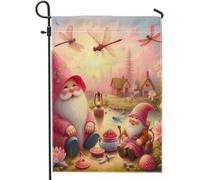 Bandiera da giardino primaverile gnomi carino divertente libellula floreale rosa paese rosa lino festa casa patio decorazione cartello dimensioni standard casa decorazione casa casa dimensioni