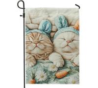 Bandiera da giardino primaverile, graziosi gattini che dormono con orecchie di coniglio blu, decorazione da cortile, bandiera a tema animale in iuta su entrambi i lati, per la decorazione della casa e