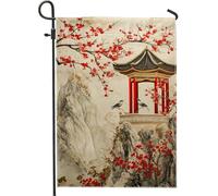 Bandiera da giardino primaverile in stile cinese, con fiori di ciliegio rosso, decorazione per la casa, in iuta su entrambi i lati, decorazione per esterni, design orientale stagionale per feste di
