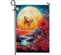 Bandiera da giardino primaverile Luna Boemia Farfalla Floreale Fiume Montagna Pianta Paesaggio rosa blu lino segno decorazione decorazione per la casa Decorazione da parete esterno giardino interno