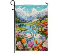 Bandiera da giardino primaverile Paesaggio Natura Oca Fiume Pianta Floreale Montagna Foresta blu verde giallo lino segno decorazione per la casa esterno patio giardino interno Casa Premium Dimensioni