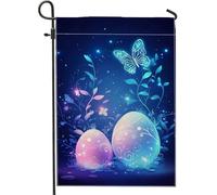 Bandiera da giardino primaverile pasquale, farfalla blu e uova colorate, decorazione da giardino per esterni, bandiera da giardino su entrambi i lati, per decorare il prato delle vacanze, 30,5 x 45,7