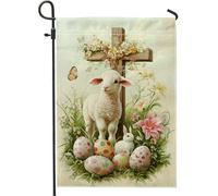 Bandiera da giardino primaverile pasquale, graziosa bandiera floreale con croce di agnello, bandiera decorativa per la casa, in tessuto su entrambi i lati, per feste e celebrazioni, decorazione per
