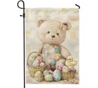 Bandiera da giardino primaverile pasquale, grazioso orso con uova pulcino, decorazione per la casa, bandiera in iuta su entrambi i lati, decorazione per prato all'aperto 30,5 x 45,7 cm