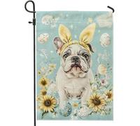 Bandiera da giardino primaverile pasquale, simpatici cani francesi con orecchie di coniglio gialle, decorazione floreale, decorazione floreale su entrambi i lati, per esterni, per vacanze prato e