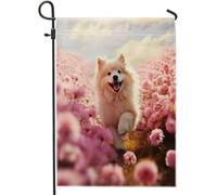 Bandiera da giardino primaverile Pet Dog Cute NatureScene Floreale Pianta Cielo Pianta Foglie rosa blu lino segno decorazione per la casa Decorazione da parete esterno patio giardino interno Premium