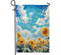 Bandiera da giardino primaverile pittura girasole, cielo, nuvola, foglie botaniche, chalet, bianco, decorazione per la casa, terrazza, giardino, casa, dimensioni standard 30,5 x