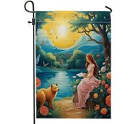 Bandiera da giardino primaverile pittura ragazza cane carino cottage uccello fiore luna blu giallo decorazione parete per esterno terrazzo giardino interno casa cortile dimensioni standard 30,5 x