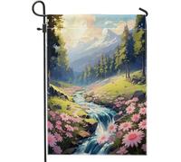 Bandiera da giardino primaverile rustica paesaggio foresta fiore montagna fiume natura nuvola verde rosa lino pannello decorazione casa decorazione parete esterno patio giardino interno casa premium
