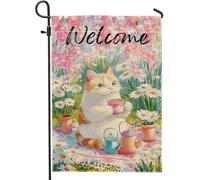 Bandiera da giardino primaverile, simpatico gatto con tazza da tè, decorazione floreale per esterni per la casa, striscione colorato su entrambi i lati, perfetto per la decorazione del giardino 30,5 x