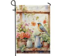 Bandiera da giardino primaverile uccello chalet fattoria acquerello piante foglie finestre fiori verde blu rosa pannello decorazione casa decorazione parete esterna patio giardino interno dimensioni