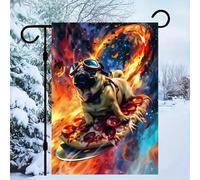 Bandiera da giardino Pug Pizza Bold And Whimsical Outer Space 12x18, piccola bandiera da giardino in tela di lino per esterni, striscione per esterni per veranda anteriore, prato, cortile e arredament