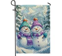 Bandiera da giardino pupazzo di neve, blu e viola, decorazione esterna per la stagione invernale, bandiera da cortile in tessuto double face per decorazione di vacanza, decorazione prato degli amici