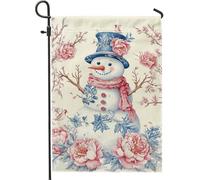 Bandiera da giardino pupazzo di neve invernale decorazione per le vacanze blu con fiori da pesca, bandiera da cortile double face in tela di iuta per la decorazione del prato, stile stagionale