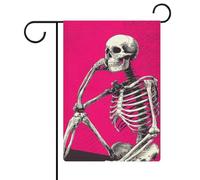 Bandiera da giardino retrò con scheletro comico con ossa bianche in posizione seduta, per vacanze stagionali, in iuta, su entrambi i lati, 30,5 x 45,7 cm