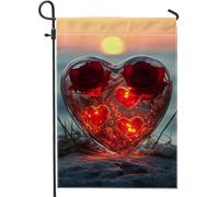 Bandiera da giardino romantica a forma di cuore, rose rosse a forma di cuore, decorazione per la casa per esterni, bandiera a tema amore su entrambi i lati, decorazione per feste stagionali 30,5 x