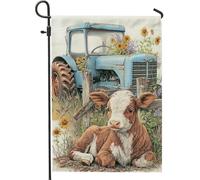 Bandiera da giardino rustica blu con trattore e vitello, decorazione per la casa in campagna su entrambi i lati, decorazione stagionale per prato per riunioni primaverili estive 30,5 x 45,7 cm