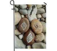Bandiera da giardino rustica con piume e pietre, stile bohémien, decorazione per la casa, double face, in iuta, per esterni, prato, per primavera ed estate, 30,5 x 45,7 cm