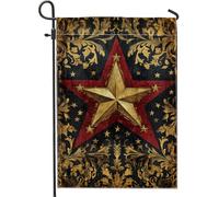 Bandiera da giardino rustica rossa a forma di stella, oro vintage con stelle luccicanti, decorazione per la casa e esterni, bandiera decorativa su entrambi i lati, in iuta per prato, decorazione