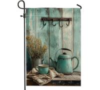 Bandiera da giardino rustica vintage a forma di teiera, blu acqua, decorazione per la casa e il giardino, bandiera in iuta su entrambi i lati, per la decorazione primaverile all'aperto, 30,5 x 45,7 cm