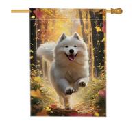 Bandiera da giardino samoiedo autunnale cane bianco che corre in foglie autunnali decorazione esterna banner stagionale in iuta per Halloween, giorno del Ringraziamento, decorazione per la casa