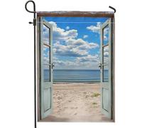 Bandiera da giardino Scena da spiaggia Decorazione estiva Cielo Oceano Blu Bandiera Prato Esterna Decorazione Giardino Casa 30,5 x 45,7 cm