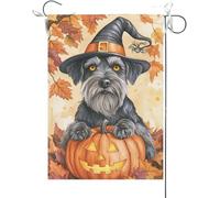 Bandiera Da Giardino Schnauzer Leaning Over The Scary Pumpkin, Halloween Fall Autumn Bandiere Decorative Durevole Bandiera Da Cortile Premium Garden Flag Per Celebrazioni Esterno 30X45CM