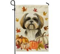 Bandiera da giardino Shih Tzu autunnale, decorazione con foglie di zucca marrone, stile rustico del Ringraziamento, doppio lato per decorazione esterna da cortile, 30,5 x 45,7 cm