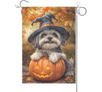 Bandiera Da Giardino Shih Tzu Leaning Over The Scary Pumpkin, Halloween Fall Autumn Bandiere Decorative Colore Vivido Bandiera Da Cortile Premium Bandiera Verticale Per Feste 30X45CM