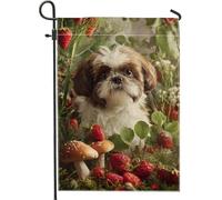 Bandiera da giardino Shih Tzu, primaverile ed estate, con fragole e funghi, decorazione floreale per esterni, double face, in iuta, decorazione per prato, 30,5 x 45,7 cm