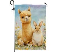 Bandiera Da Giardino Spring Summer Cute Alpaca Bunny Beige Animal Flower Bandiere Decorative Lavabile Bandiera Verticale Premium Garden Flag Per Feste Esterno Festival 30X45CM
