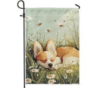 Bandiera da giardino Spring Summer Sleepy Corgi, verde margherita prato ape decorazione per esterni, bandiera su entrambi i lati in iuta da cortile per amanti degli animali decorazione del prato 30,5