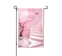 Bandiera da giardino stampata con scala bianca e fiori di ciliegio (12x18 pollici) - Perfetta per patii, balconi, cortili, prati e giardini