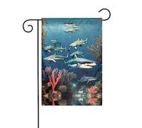 Bandiera da giardino stampata con squali sotto il mare, 12x18 pollici, elegante bandiera da giardino verticale bifacciale, decorazione per tutte le stagioni