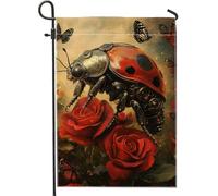 Bandiera da giardino Steampunk, coccinella rossa, decorativa floreale per esterni, decorazione vintage su entrambi i lati per prato per primavera estate 30,5 x 45,7 cm
