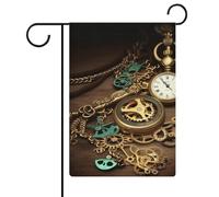 Bandiera da giardino Steampunk con chiavi e orologi, 30,5 x 45,7 cm, bandiera verticale in lino, bandiere per la casa durevoli per decorazioni esterne e feste