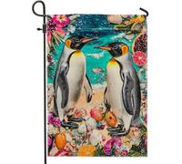 Bandiera Da Giardino Tropical Penguins, Vibrant Beach Scene With Shells And Fruits Bandiera Verticale Premium Bandiere Decorative Impermeabile Bandiera Da Cortile Per Feste Festival 30X45CM