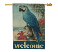 Bandiera da giardino tropicale blu pappagallo, banner floreale di ibisco benvenuto per esterni, bandiera su entrambi i lati in iuta da cortile decorazione per la casa decorazione del prato 71 x 101 cm